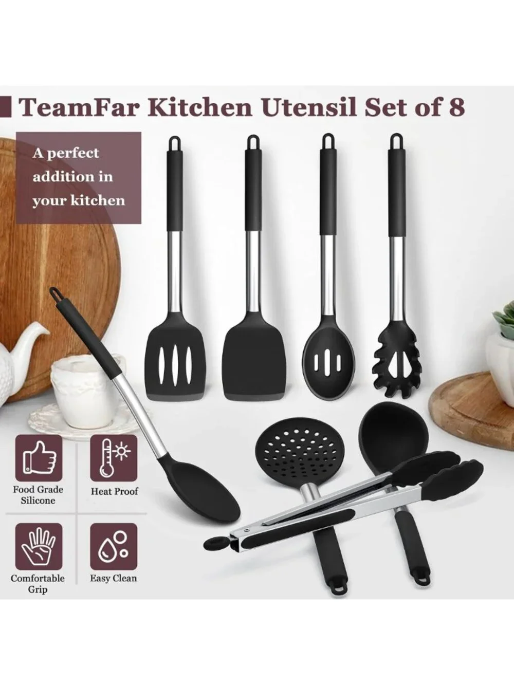 8-Piece Silicone Kitchen Utensils Set, Heatproof Nonstick Tools for Cooking